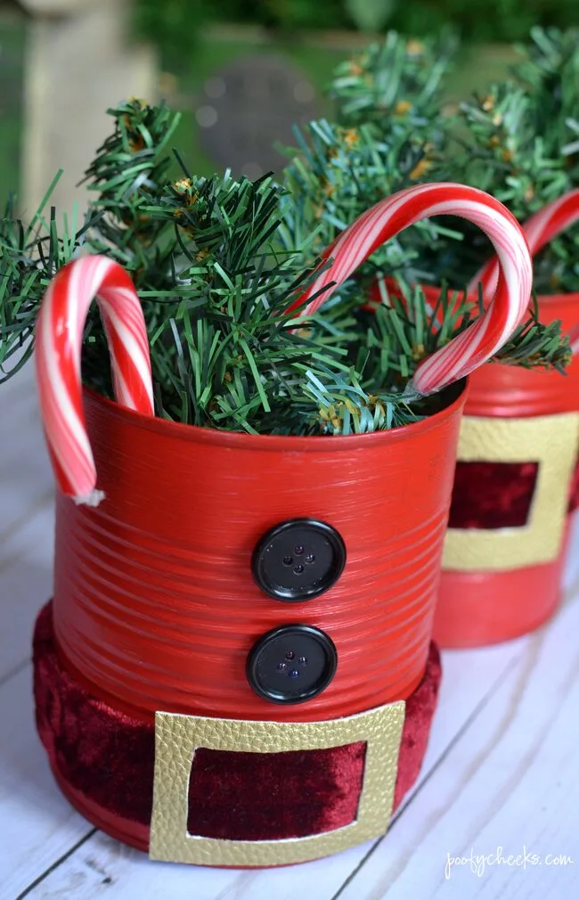 DIY Repurposed Tin Can Santas Decoration - Poofy Cheeks