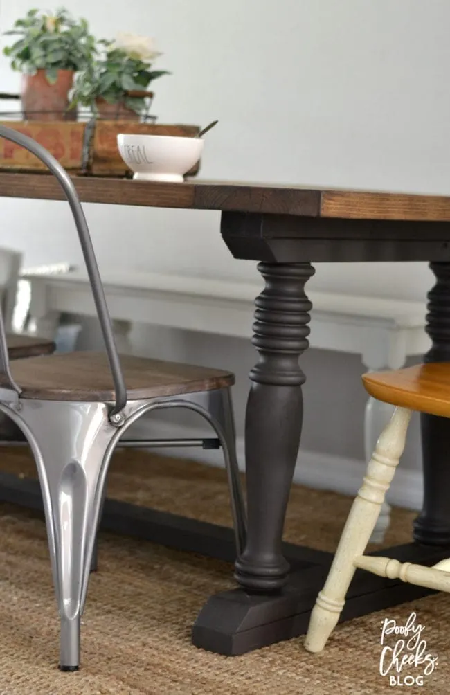 Farmhouse dining room - DIY farmhouse table paired with industrial metal chairs and a bench.