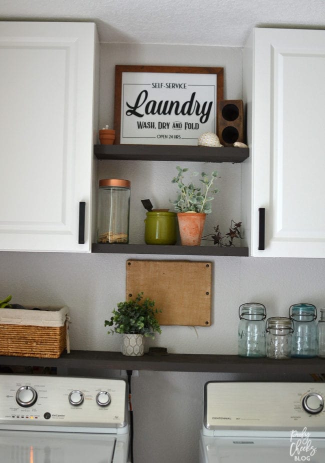 Laundry room before and after - an ugly boring laundry room transformed into a farmhouse laundry room.
