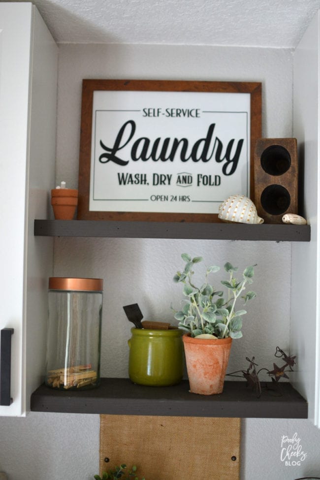 Laundry room before and after - an ugly boring laundry room transformed into a farmhouse laundry room.