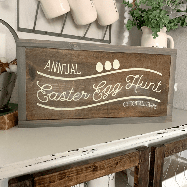 Painted Wood Sign - Tutorial on how to use adhesive vinyl stencils to paint wooden signs. Grab the Annual Easter Egg Hunt cut file for Silhouette and Cricut.