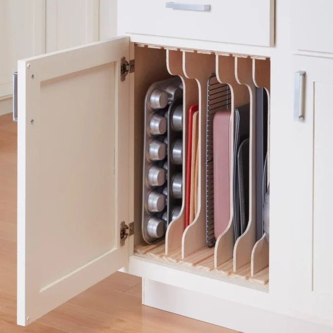 Vertical pan and cookie sheet storage.