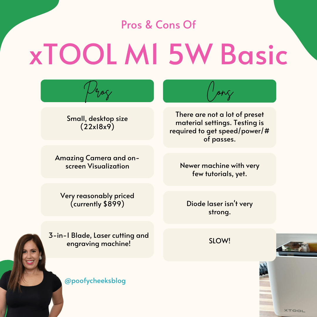 Pros and Cons chart on the xTOOL M1 machine.